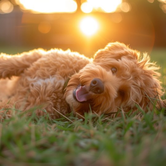 Fluffy golden dog laying in grass