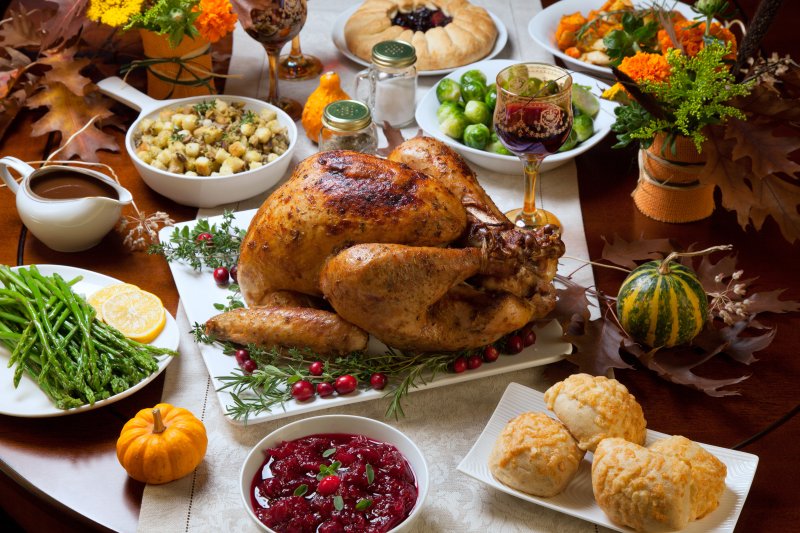 a table of Thanksgiving food
