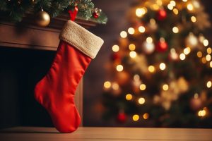 a Christmas stocking hanging on a fireplace mantle